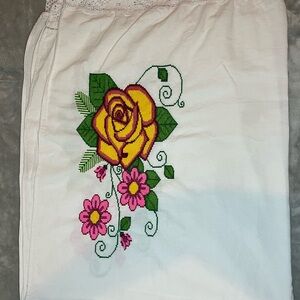 Hand Crafted White Kitchen Towel with Yellow and Pink Floral Design